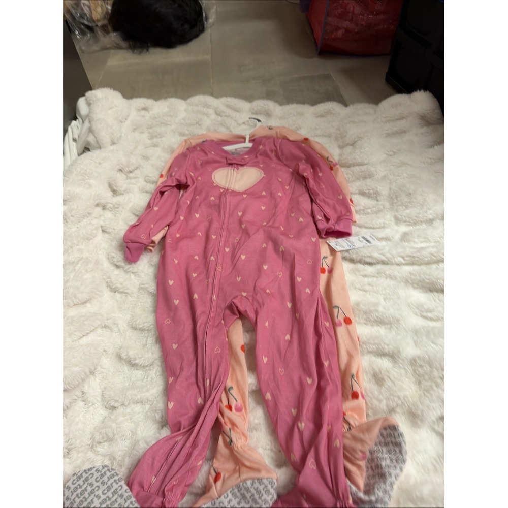 Toddler Girls' Carter's 2-Pack Pink Heart & Cherry Footie Pajamas Size 2T NWT